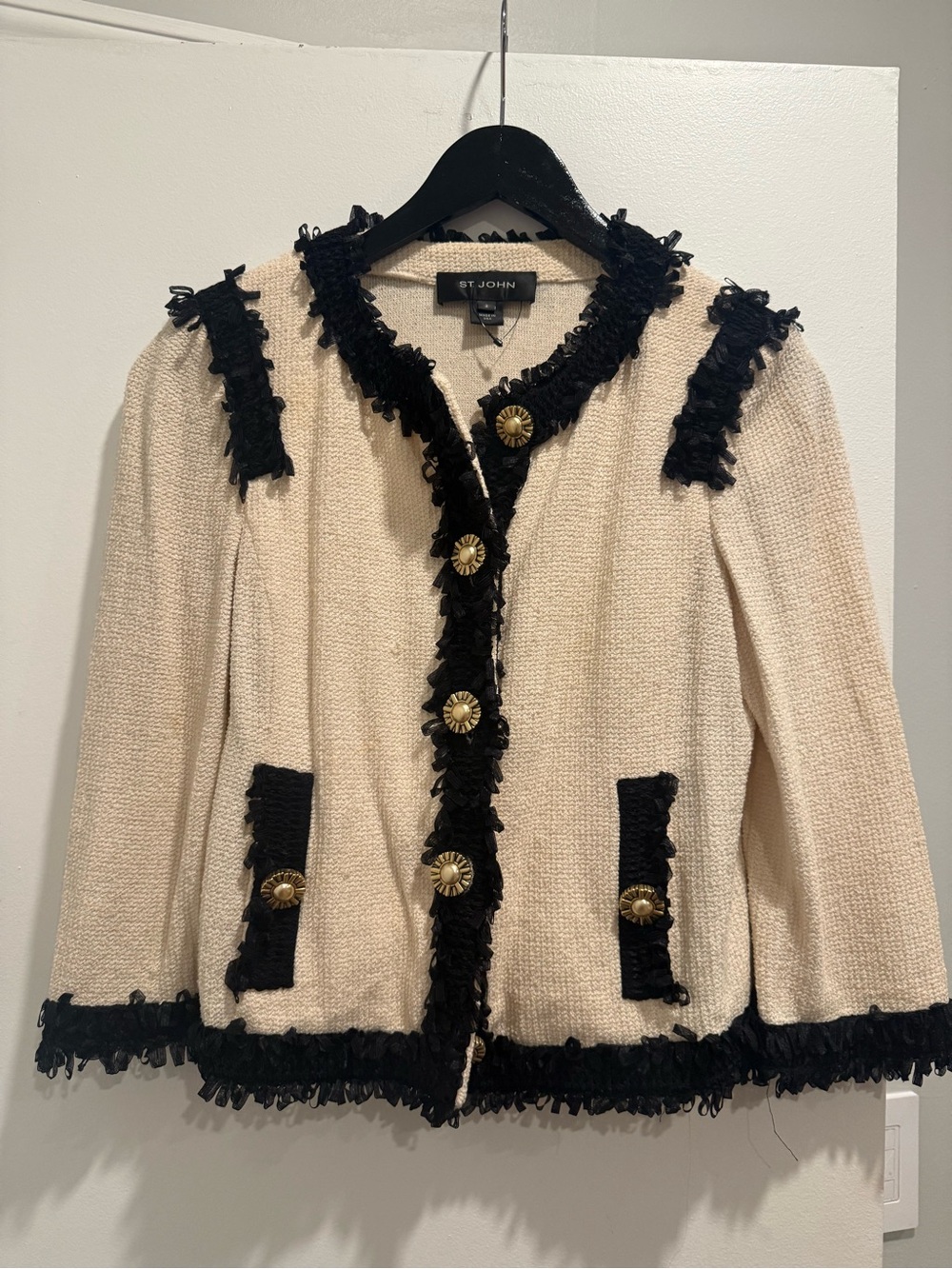 St. John Cream Jacket with Black Fringe Trim